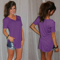 Nouveau Mode Femmes T-shirt Solide Couleur V Cou À Manches Courtes Ourlet Longue Partie Occasionnelle Tops