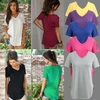Nouveau Mode Femmes T-shirt Solide Couleur V Cou À Manches Courtes Ourlet Longue Partie Occasionnelle Tops
