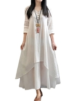 Nouveau Mode féminine Casual Robe ample à manches longues solide Coton Lin Boho longue Maxi Dress