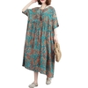 Nouvelle Mode Femmes Coton Lin Robe O-cou Manches Courtes Poches Imprimé Floral Ourlet Plissé Plus La Taille Vintage Robe Longue