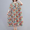 Nouvelle Mode Femmes Coton Lin Robe O-cou Manches Courtes Poches Imprimé Floral Ourlet Plissé Plus La Taille Vintage Robe Longue