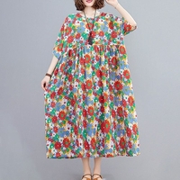 Nouvelle Mode Femmes Coton Lin Robe O-cou Manches Courtes Poches Imprimé Floral Ourlet Plissé Plus La Taille Vintage Robe Longue
