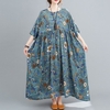 Nouvelle Mode Femmes Coton Lin Robe O-cou Manches Courtes Poches Imprimé Floral Ourlet Plissé Plus La Taille Vintage Robe Longue