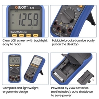OWON B33+ Multimètre numérique BT avec enregistrement hors ligne 3999 comptes Testeur électrique à sélection automatique avec écran LCD rétro-éclairé Détecteur de courant de tension AC DC Mesure de la température Mètre de tension multifonction