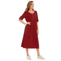 Robe Femme Manches Enroulées Poches Latérales Fentes Bouton O Cou Lâche Casual Robe Maxi D