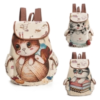 Sac à dos en toile pour femme Cartoon Cat Pattern Sac à bandoulière Sac à main Casual Vintage Travel Ruchsack