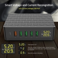 Station de charge USB 6 ports 65 W QC3.0 Station de charge USB Multi ports Hub de charge USB-A avec affichage LED Chargeur de bureau compact pour plusieurs appareils