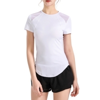 T-Shirt de sport pour femmes maille épissage dos évidé ajustement serré manches courtes anti-humidité athlétique Yoga chemise de course hauts
