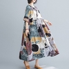 Été Vintage femmes coton lin robe imprimé épissé rayé O cou manches courtes avec poche robe ample