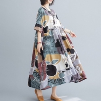 Été Vintage femmes coton lin robe imprimé épissé rayé O cou manches courtes avec poche robe ample