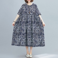 Été Vintage femmes coton lin robe imprimé épissé rayé O cou manches courtes avec poche robe ample