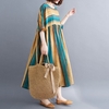 Été Vintage femmes coton lin robe imprimé épissé rayé O cou manches courtes avec poche robe ample