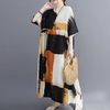 Été Vintage femmes coton lin robe imprimé épissé rayé O cou manches courtes avec poche robe ample