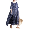 Été Vintage femmes coton lin robe imprimé épissé rayé O cou manches courtes avec poche robe ample