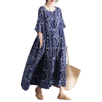 Été Vintage femmes coton lin robe imprimé épissé rayé O cou manches courtes avec poche robe ample