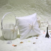 Étoile de mariée en satin doux romantique et coquille de mer Anneau de mariage Oreiller + Mariage Satin Étoile de mer et coquillage de la mer Panier de fleurs