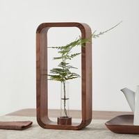 Vase en verre transparent Tube à essai Vase à fleurs hydroponiques avec cadre en bois de noyer Plantes aquatiques Vases Porte-plante Support de fleur Table Jardin Bonsa Décor de bureau à domicile