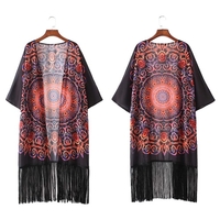 Vintage Femmes en mousseline de soie Kimono Cardigan imprimé géométrique Bordée Couverture Glands en vrac Boho vêtement de plage en noir