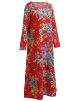 Vintage Women Maxi Floral Dress Long Sleeves Pockets O Neck Plus Coton Coton Linge Robe Robe Déguisée