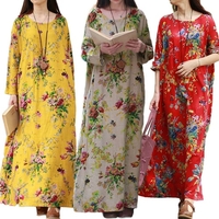 Vintage Women Maxi Floral Dress Long Sleeves Pockets O Neck Plus Coton Coton Linge Robe Robe Déguisée