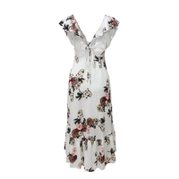 Vintage Women Maxi Summer Dress Flower Print Plunge V-neck Fold Hem Veste Dark Blue / White