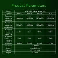 WD Green SN350 240 Go SSD NVMe Solid State Drive Interface M.2 2280 Grande capacité Transmission haute vitesse SSD compact mince