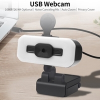 Webcam USB 2K avec suppression du bruit micro omnidirectionnel en silicone/lumière de remplissage/couvercle de confidentialité Prise en charge du zoom et de la mise au point automatiques/Rotation flexible