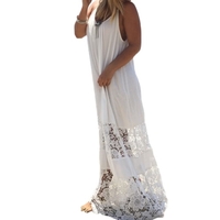 Women Summer Dress Solid Lace Splice Spaghetti Strap Loose Long Beach Maxi Plus Size Floor-length Dress