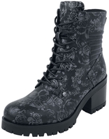 Black Premium by EMP - Bottines À Talons Noires Lacées Avec Crâne & Roses - Bottes - Femme - noir