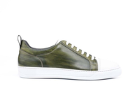 Pietro - Baskets basses en cuir grainé blanc déco vert