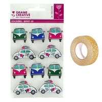 10 stickers voiture de vacances effet 3D + masking tape dor