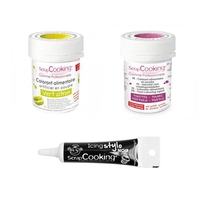 2 colorants alimentaires pourpre-vert citron + Stylo gla