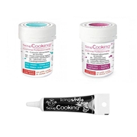 2 colorants alimentaires turquoise-pourpre + Stylo gla