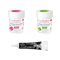 2 colorants alimentaires vert-rose + Stylo gla