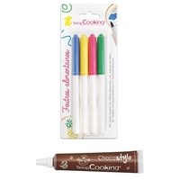 4 feutres alimentaires jaune,  vert,  rose,  bleu + 1 Stylo chocolat
