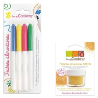 4 feutres alimentaires jaune,  vert,  rose,  bleu + paillettes dor