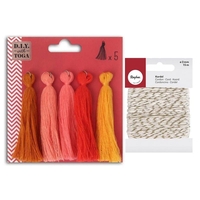5 maxi pompons en coton 8 cm Automne + Ficelle dor