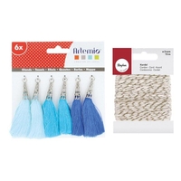 6 pompons bleus + Ficelle dor