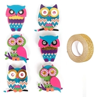 6 stickers 3D hibou & chouette 4, 5 cm + masking tape dor
