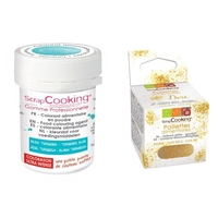 Colorant alimentaire en poudre turquoise + paillettes dor