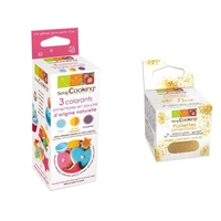 Colorants naturels pourpre-orange-bleu + paillettes dor