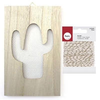 Tableau en bois grillage cactus 15 x 24 cm + Ficelle dor