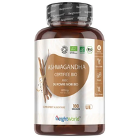 Ashwagandha Bio 600mg 180 Gélules avec 5mg de Poivre Noir Bio contre le stress et la fatigue