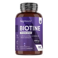 Biotine en comprimés de Weightworld- 12000µg 365 comprimés - Vitamine B7 pour la perte de cheveux