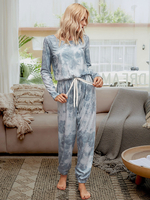 2 pièces Loungewear Femmes gris à manches longues en coton Jewel Neck fibres Tie Dye Home Wear