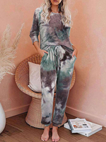 2 pièces Loungewear Femmes Hunter vert à manches longues en coton fibres Tie Dye Home Wear