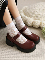 Academic Lolita Footwear Escarpins Lolita à talons épais en cuir PU bordeaux