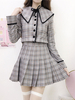 Academic Lolita Outfits Boutons Gris Clair Arcs Plissés Plaid Mini Jupe À Manches Longues Déguisements Halloween