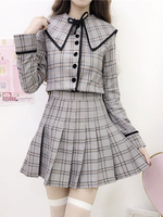 Academic Lolita Outfits Boutons Gris Clair Arcs Plissés Plaid Mini Jupe À Manches Longues Déguisements Halloween
