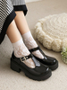 Académie Lolita Chaussures Escarpins à talons épais en cuir PU noir simple
